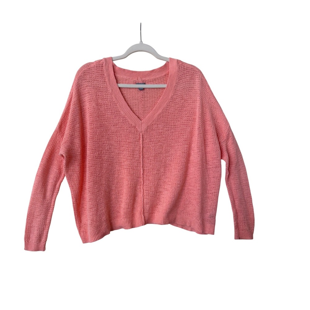Aerie Coral Pink Open Stitch V-Neck Cotton Knit Slouchy Sweater Womens Medium
